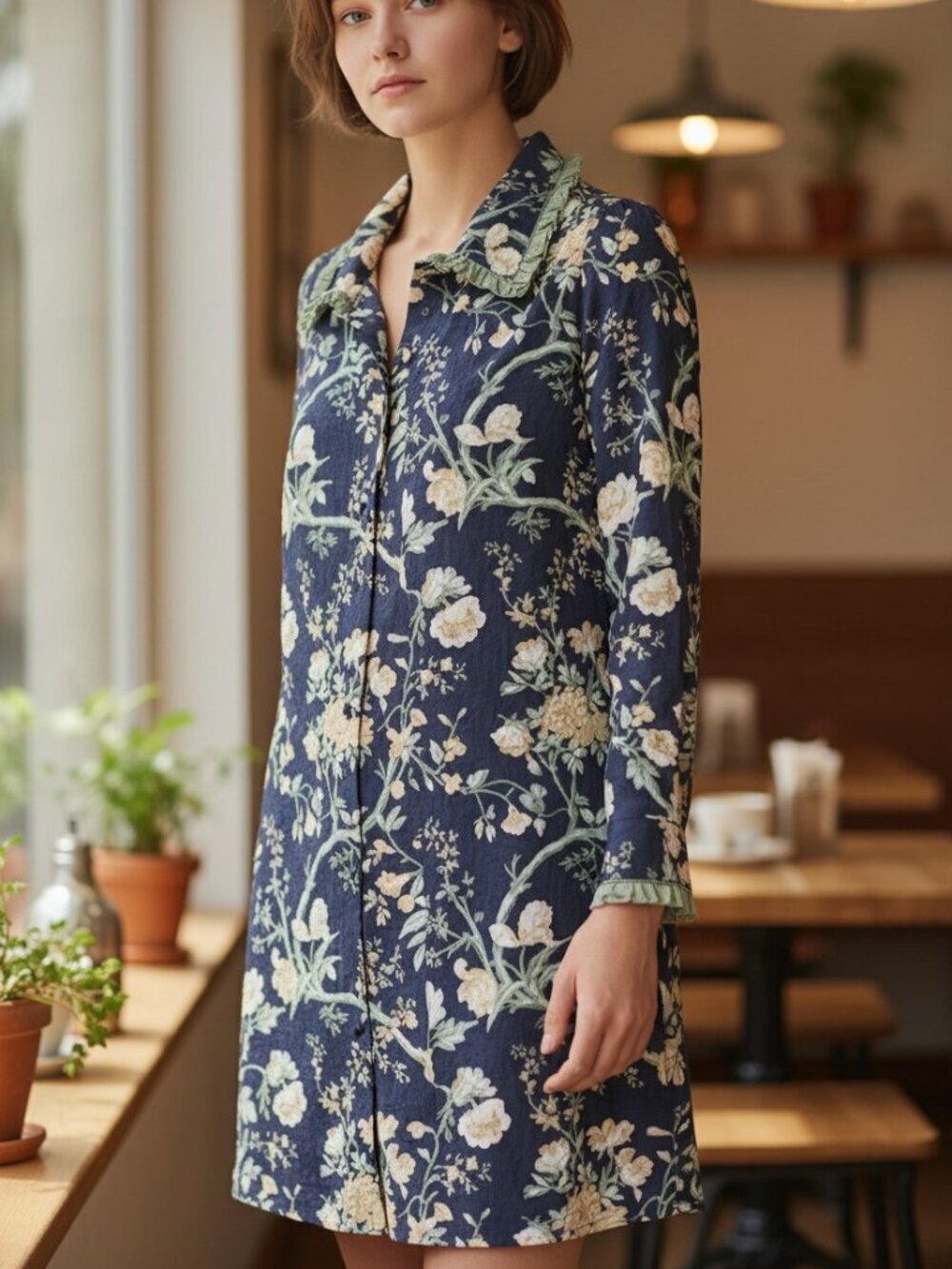 Floral mini dress Small ruffle navy green